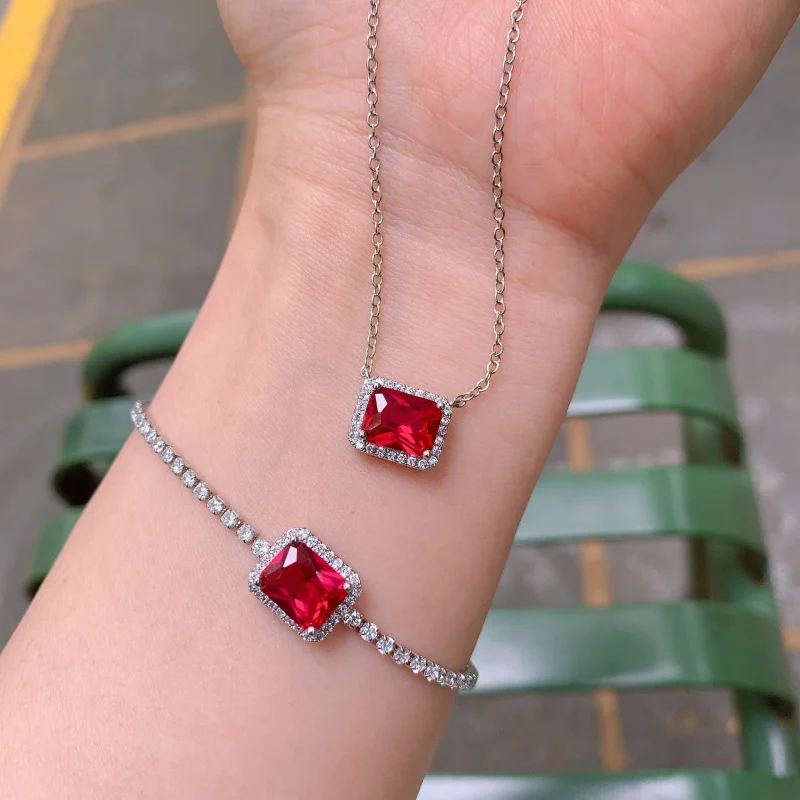 

Small Square Red Corundum Gemstone Bracelet for Women, Elegant Red Necklace Jewelry, Rectangular 7X9