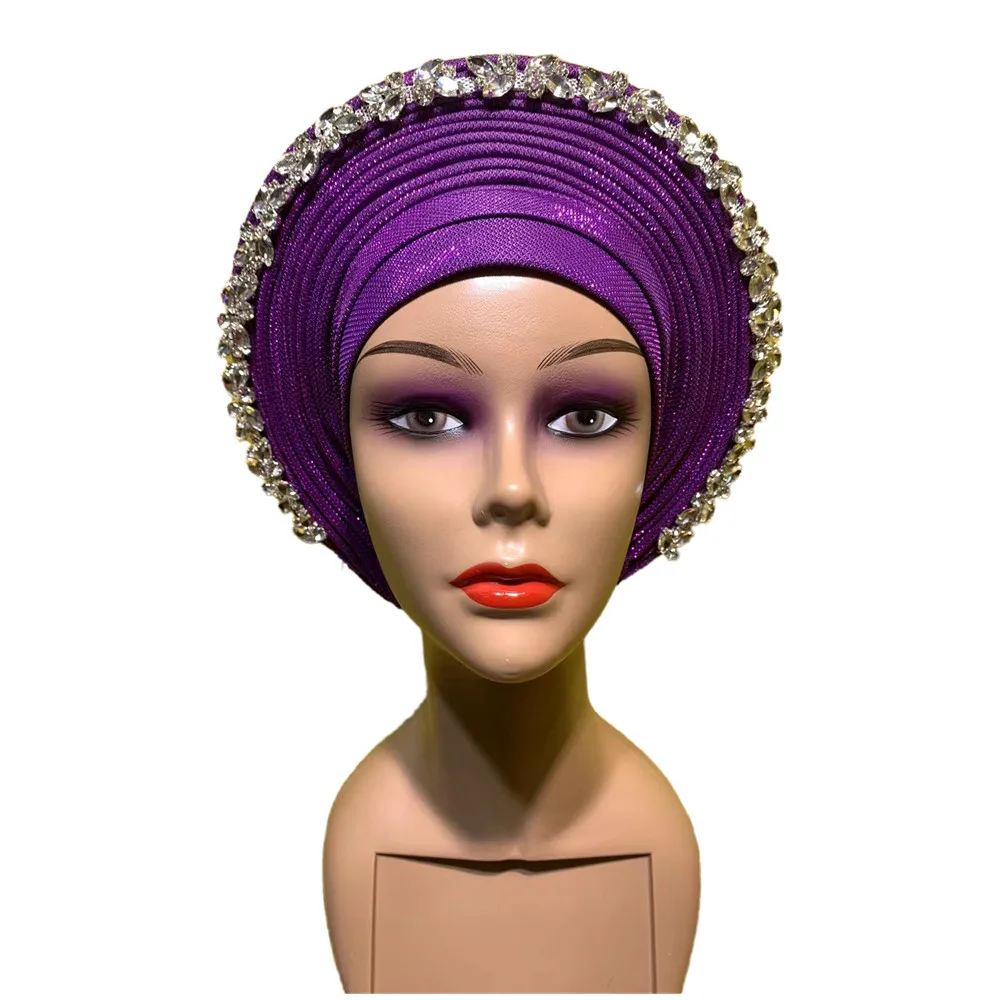 New Design 2022 Auto Gele Headtie Turban with Shinning Drill African Women Cap For African Hats Nigerian Turban 1piece XM826-1