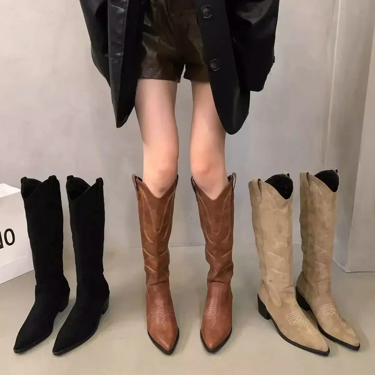 

Woman Cowgirl Boots Fashion Slip On Ladies Elegant Square Low Heel Knee High Boots Shoes Women's Winter Footwear