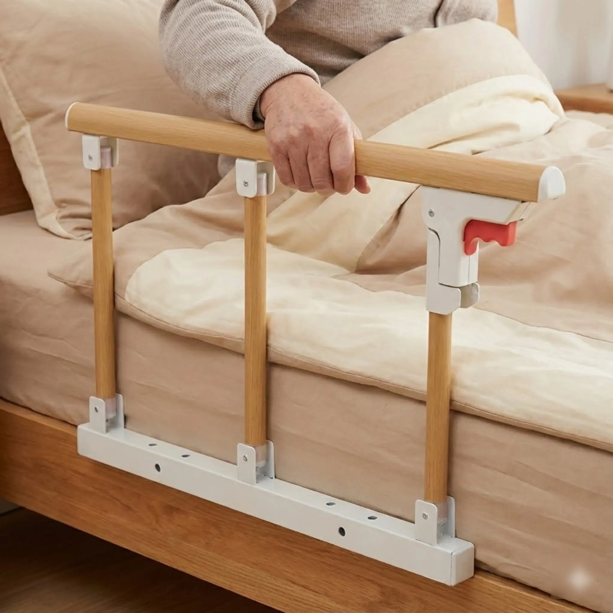 

Foldable Bed Rail For Elderly Adults Safety Guard Wood Grain Aluminum One Button Fold