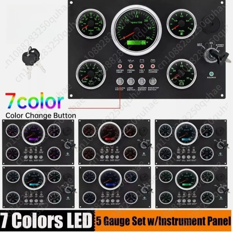12V 24V Combination Gauge Panel, Water Temp Oil Pressure Voltage Fuel Level RPM Meter for Car RV Yacht Refit