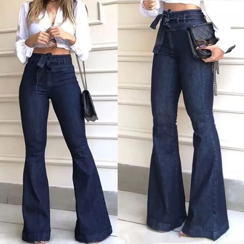 Elegant High เอว LACE-up Flare กางเกงผู้หญิงสะโพกเดินทางกระดิ่งด้านล่าง DENIM กางเกงแฟชั่นหญิง Streetwear