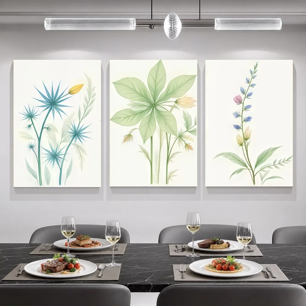 2D Flat, 2D Flat, 3pcs Modern Botanical Wall Art, Blue Starflower Greenery Flower Spikes Print, Frameless No Frame, Living Ro
