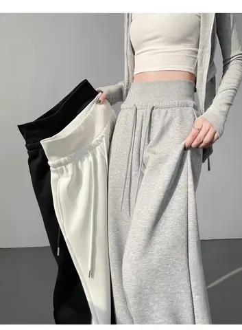 Women's gray sports high waist hanging loose slimming straight leg wide leg pants American sweatpants.