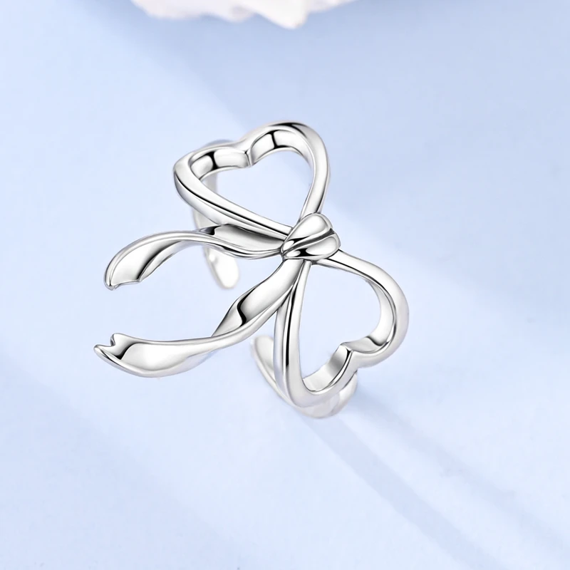 Original 925 Sterling Silver Bowknot Open Rings For Women Girls Jewelry Birthday Anniversary Gifts