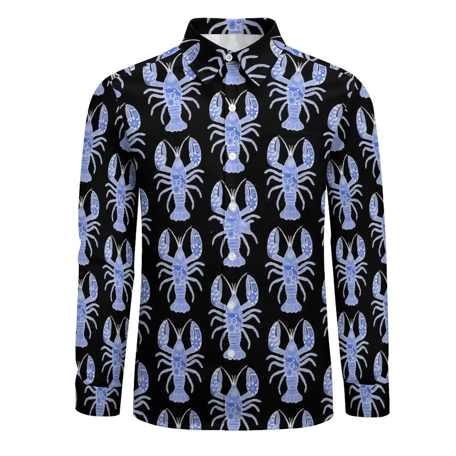 Male Shirt Lobster Print Casual Shirts Long Sleeve Blue and White Breathable Blouse Autumn Classic Design Oversized Tops