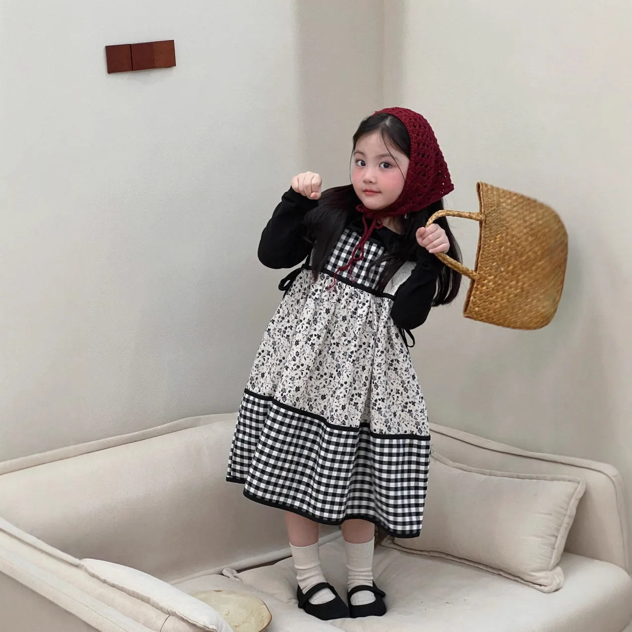 

Girls Suit 2025 Autumn New Childrens Clothing Korean Style Girl Baby Bottom Unlined Shirt Plaids Splicing Strap Skirt Two Sets