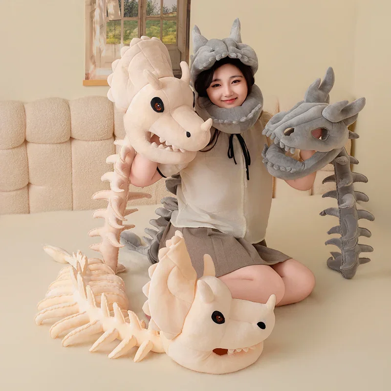 Cute Tri Horned Dinosaur Skeleton Plush Wearable Headgear and Bendable Long Tail, Funny Toy for Gifts.