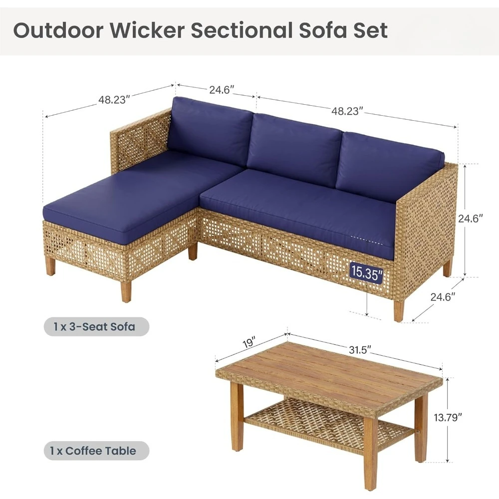 

Sectional Outdoor Couch, L-Shaped Wicker Patio Sofa Set, Small Rattan Patio Furniture Set with Acacia Wood Coffee Table