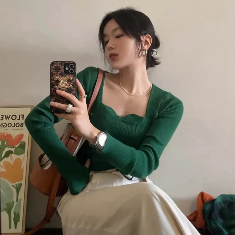 

Knitted Pullovers Women Vintage Solid Sweaters Autumn Winter Korean Elegant Slim Knitwear Square Collar All Match Jumpers New