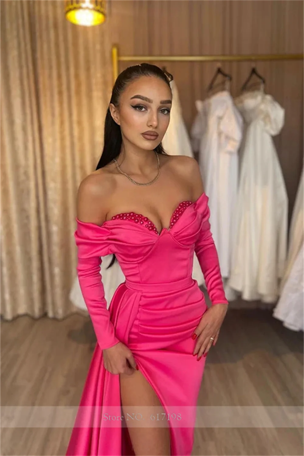 Robe de Bal en Satin à Manches sulfet Col en Cœur pour Femme, Tenue de Sirène Sexy avec Fente Latérale