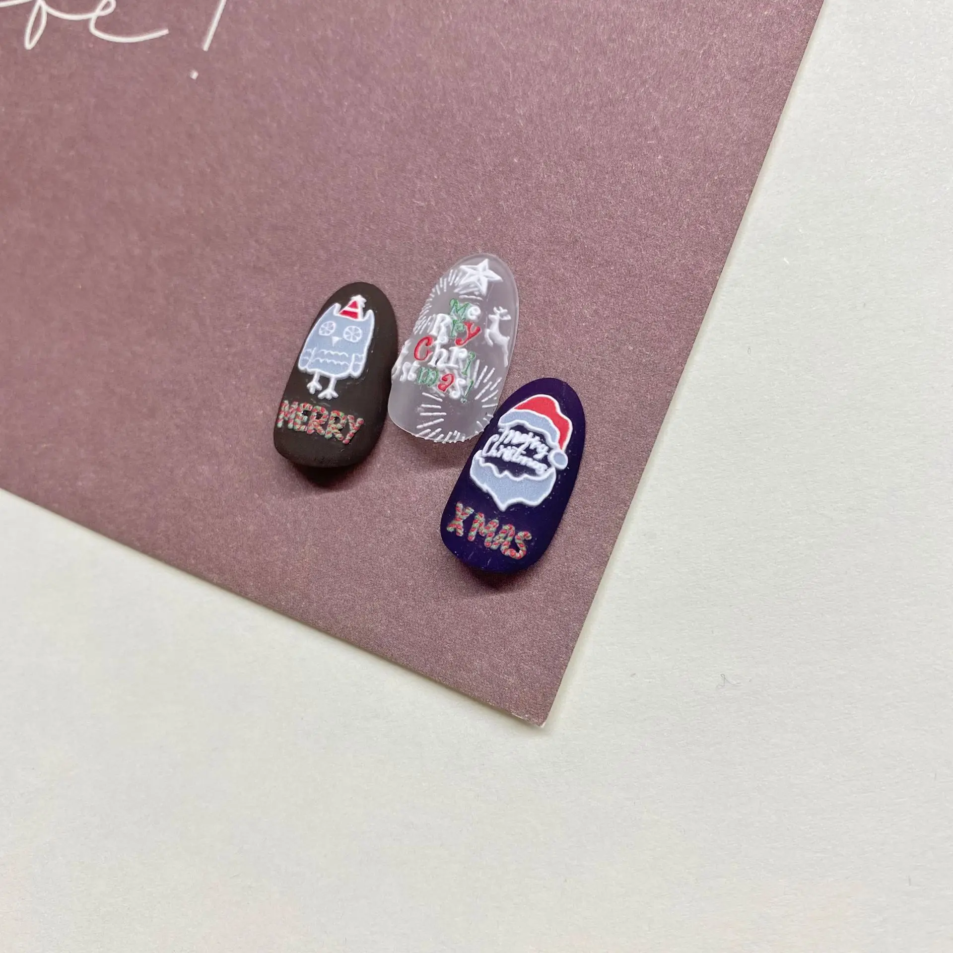 Nail Art Stickers Embossed Christmas White Self Adhesive Film Decals Cute Japanese Style Lightweight Manicure Decor for Girls