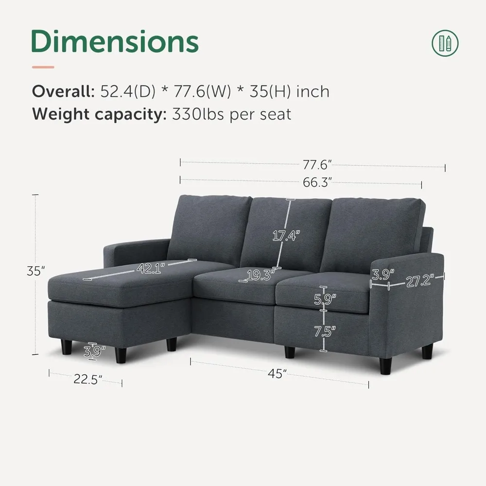 Convertible Sectional Sofa, L Shaped Couch with Reversible Chaise for Small Space