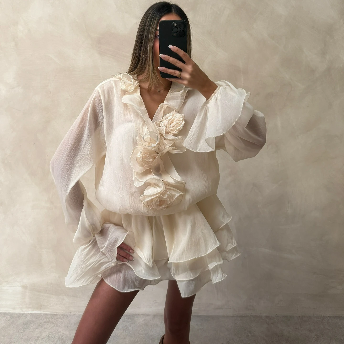 Mini robe d'été à volants abricot pour femmes, élégante, couleur unie, Slim, chemise trapèze, mode, manches longues, robe de plage, vacances, 2025