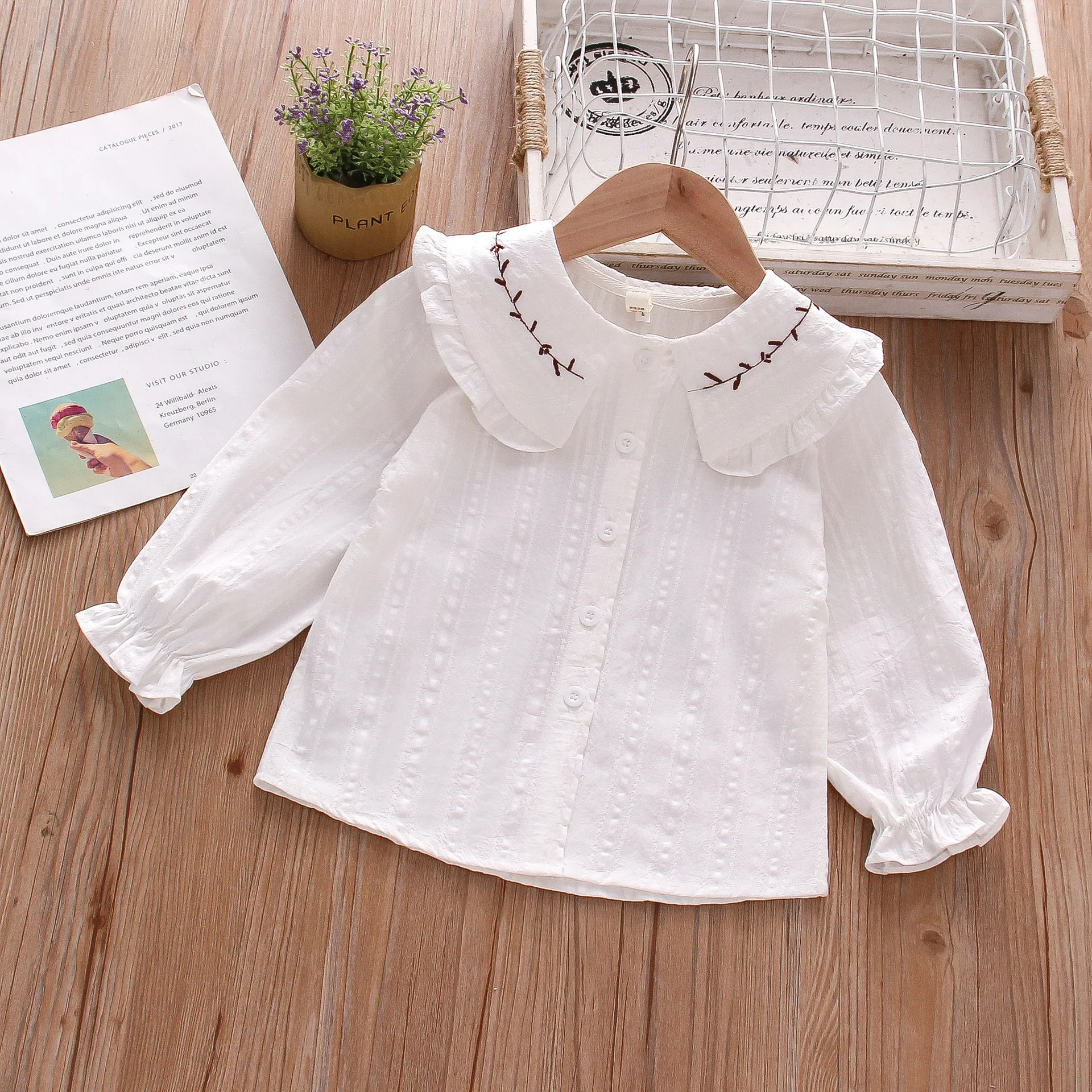 Girls Long Sleeve Shirt Big Lapel Ruffle Embroidered Shirt