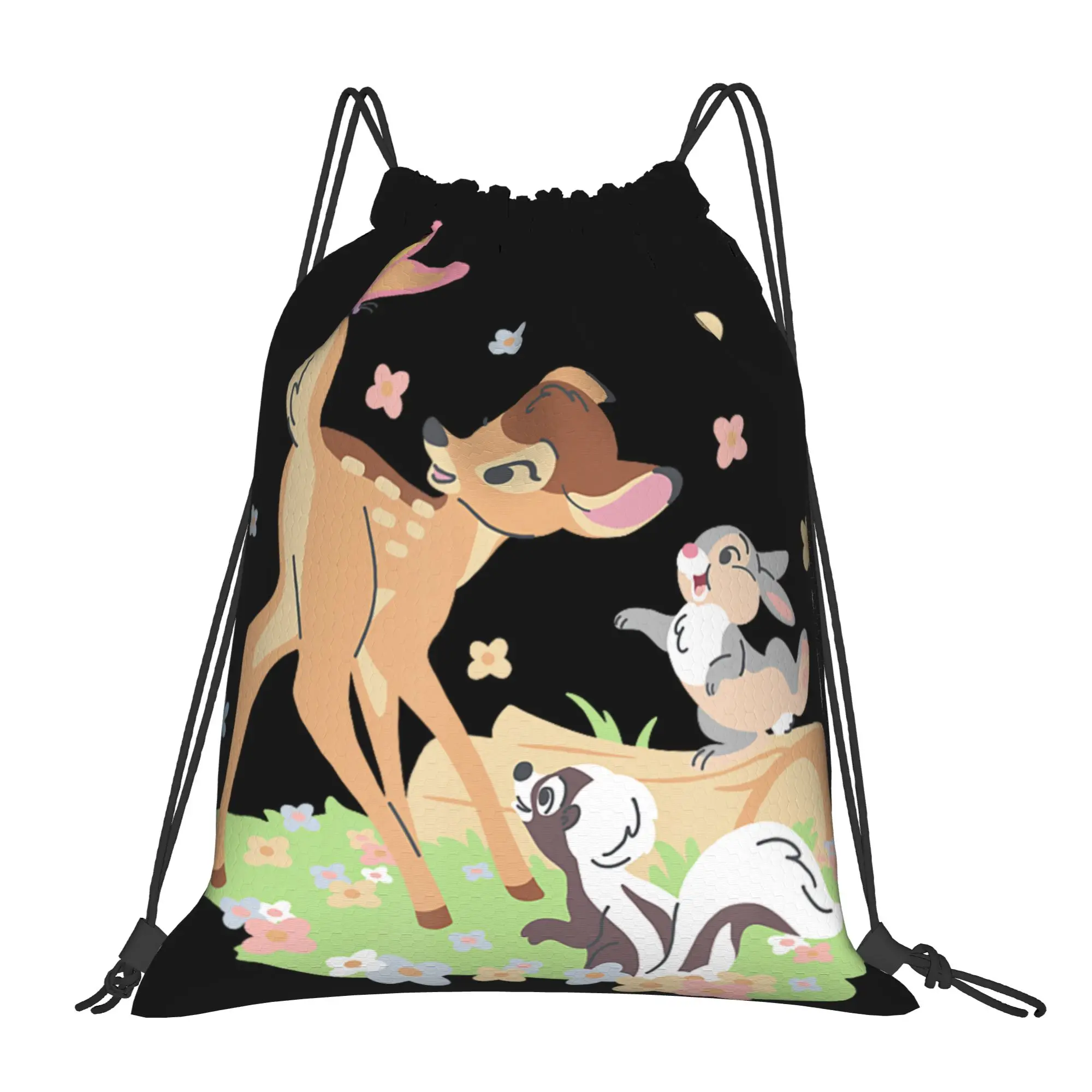 

1 шт. с цветочным принтом и изображением олененка Сумки на шнурке с принтом Bambi, мужские и женские сумки-рюкзаки для хранения вещей, дорожная сумка для подростков