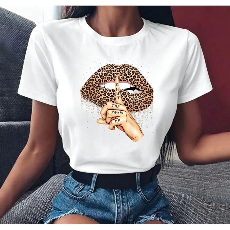 Fashion Cusual Summer Cotton Women's T-shirts Printed Unique Print Lips Y2k Outdoor Street Commuter Date Clothes For Women