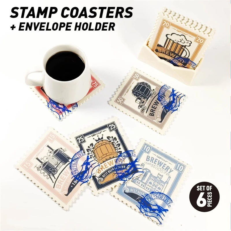 6pcs Coaster Retro Postage Stamp Rectangle Plastic Beer Cup Mat Anti-slip Drink Holder Mug Table Placemat Heat-resistant No Slip