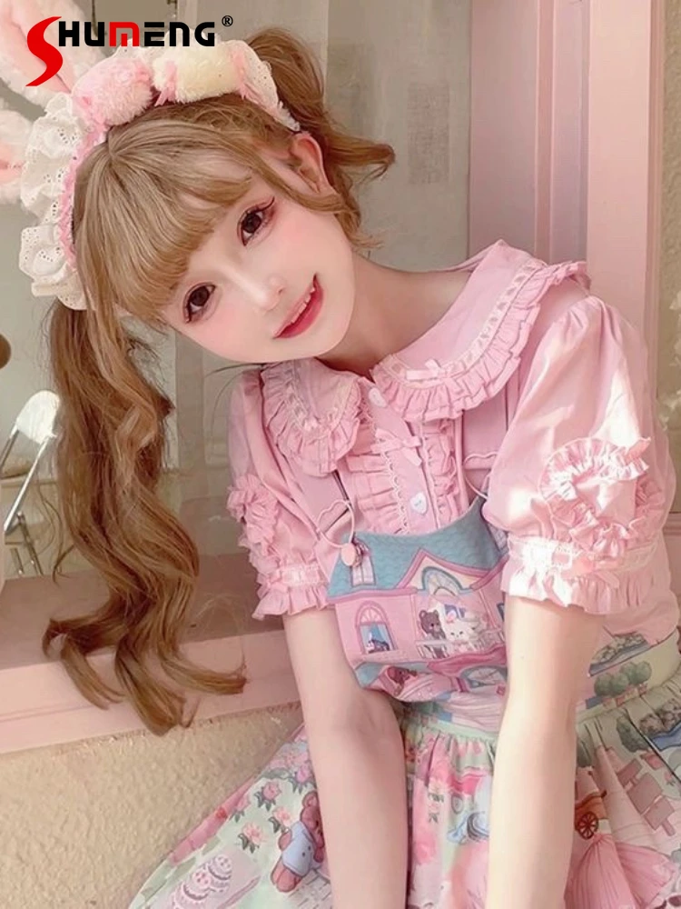 Women Kawaii Lolita Shirt Cute Inner Doll Collar Cotton Breathable Lining Blouse Female Sweet All-Matching Short Sleeve Shirts