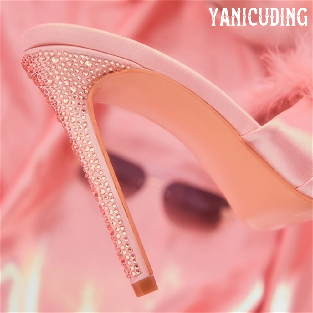 Pink Satin Rhinestone Stiletto Mules Cute Pink Fur Ball Slippers Fashion Style Handmade Shining Crystal Women's Summer Slippers