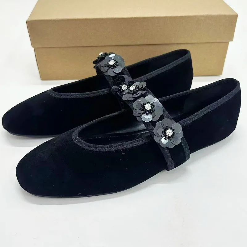 

High Quality Women Mary Jane Shoes Novelty Sequins Flower Decoration Round Toe Luxury Designer Soft Sole Casual Flats for Lady
