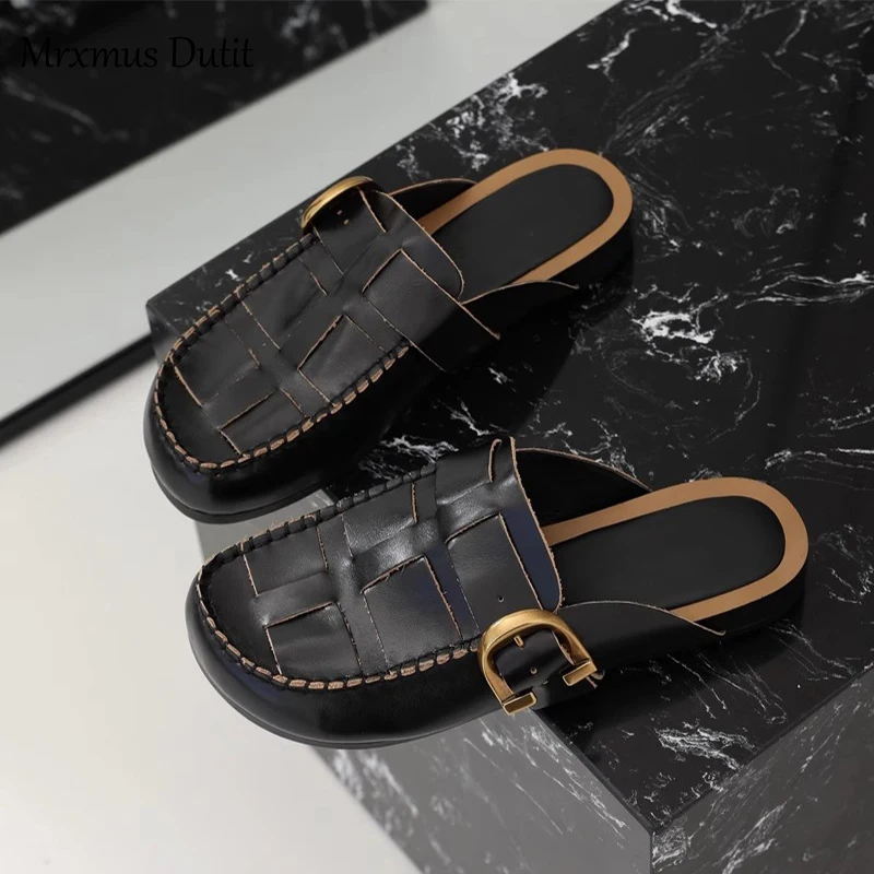 2023 Summer New Fashion Women New Genuine Leather Weave Flat Slippers Sandals Versatile Casual Burkane Shoe Female Chic