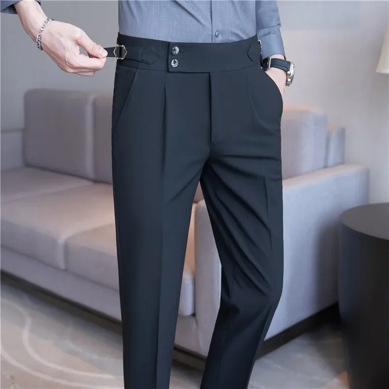 High Waist Suit Pants Men Trousers 2024 Autumn British Style Stretch Slim Pantalone Hombre Solid Casual Dress Pants Men Clothing