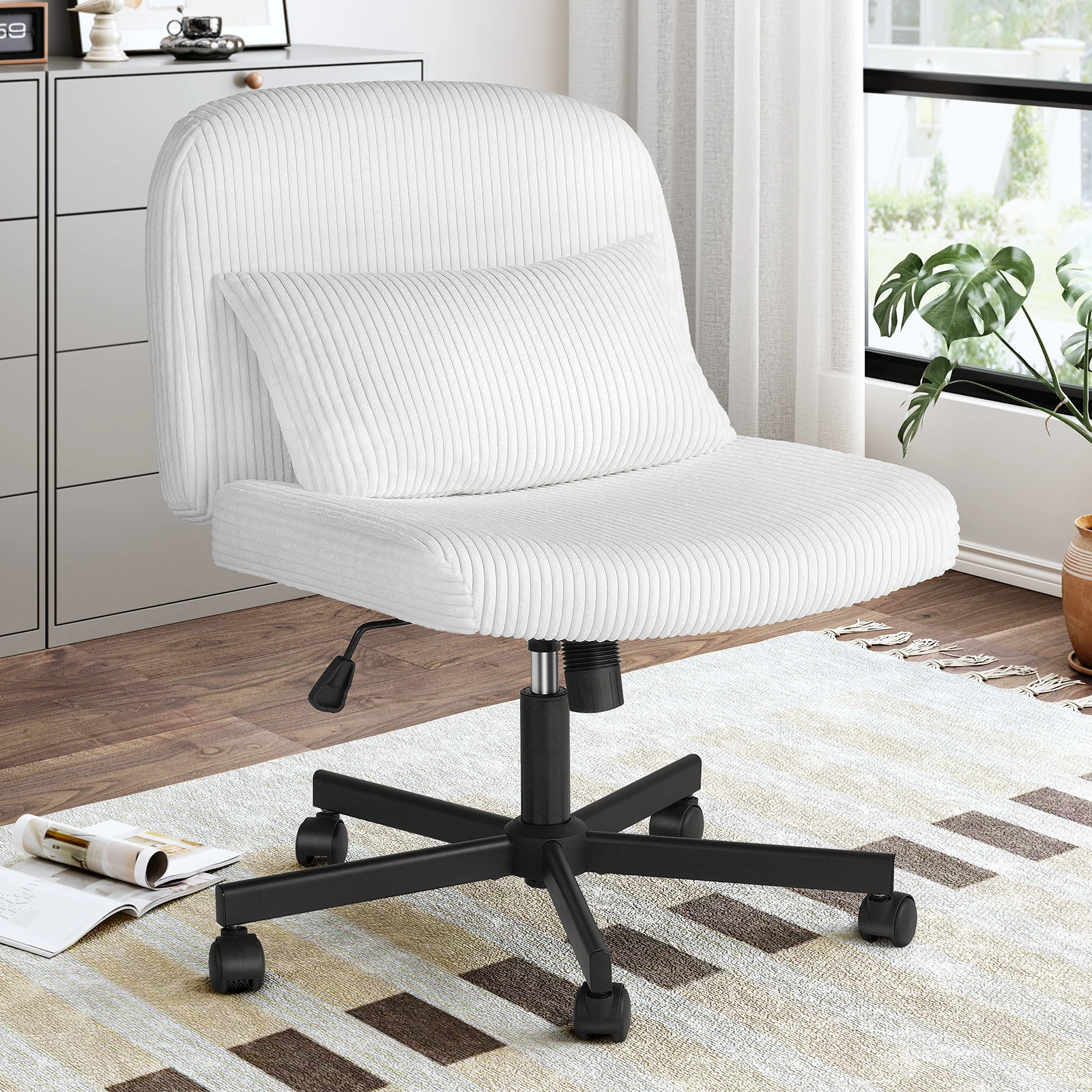 Massage Cross Leg Office Chair w/ Double Layer Sponge Cushion,Corduroy/Pearl Velvet Wide Armrest Desk Chair Mid Back Adjustable image 6
