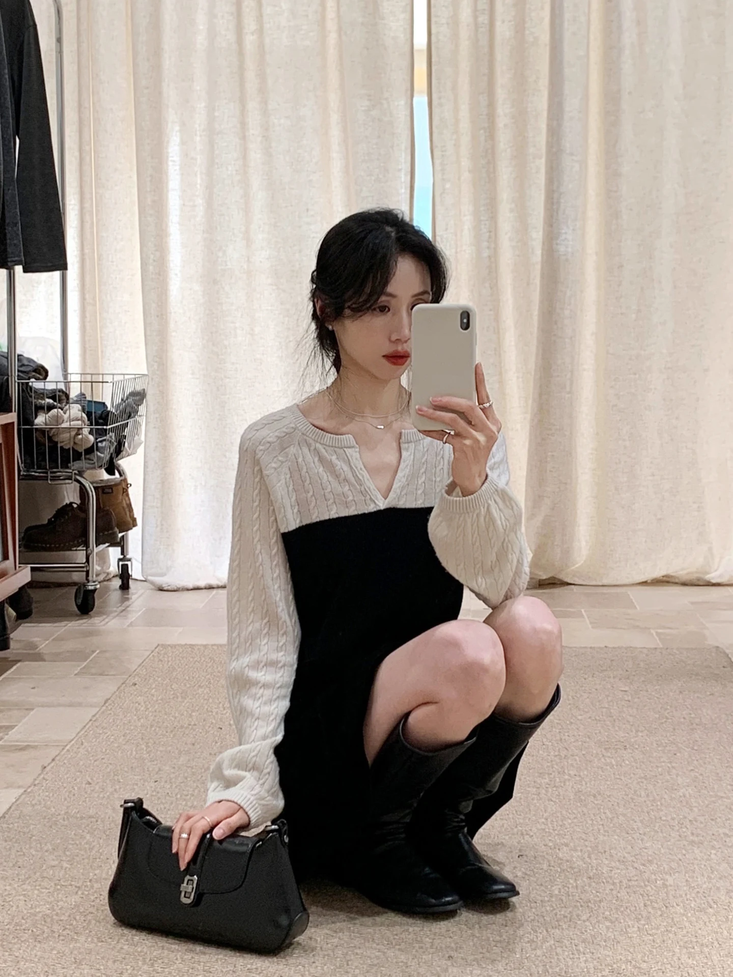 

Korean Sle All Wool Sweater Women's Spring New Design Slimming Trendy Top Bla White Splicing Wide Ne Long Sve Knitwear