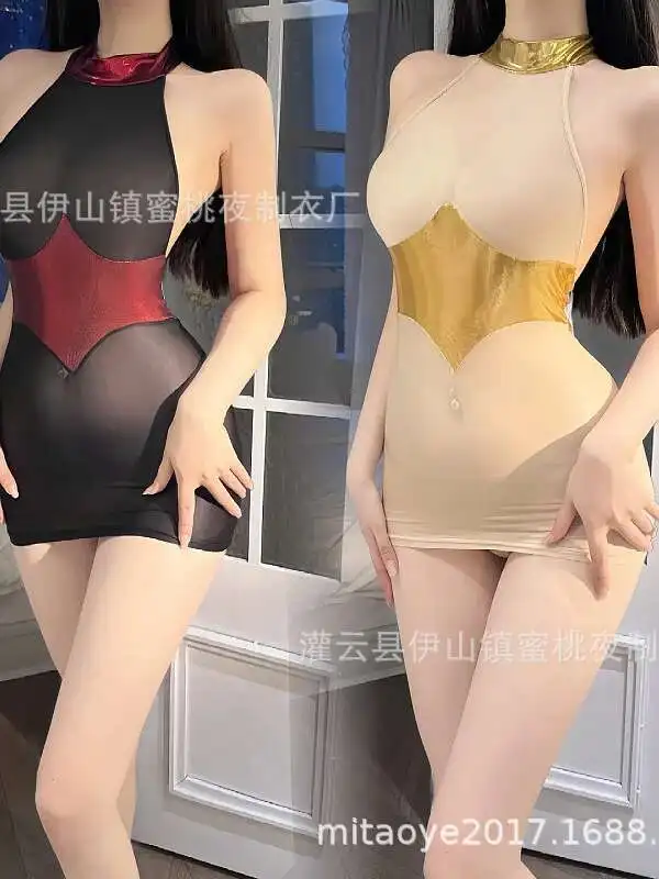 Sexy Schwarz Und Rot Patent Leder Patchwork Sheer Kurzes Kleid Elegante Transparente Paar Nachtwäsche Nachtclub Mode Tops IU4O