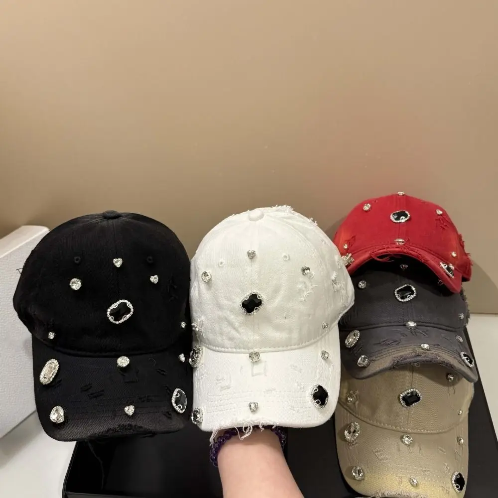 Cotton Rhinestone Baseball Cap Torn Effect Vintage Wash Hole Washed Hat Adjustable Snapback Rhinestone Embellished Tennis Cap