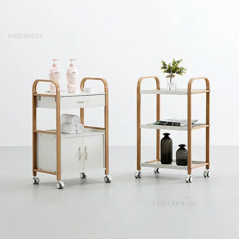 Solid Wood Beauty Cart Metal Legs Trolley Hairdressing Salon Special Tool Cart Trolleys with Wheels Golden Cart with Drawer v