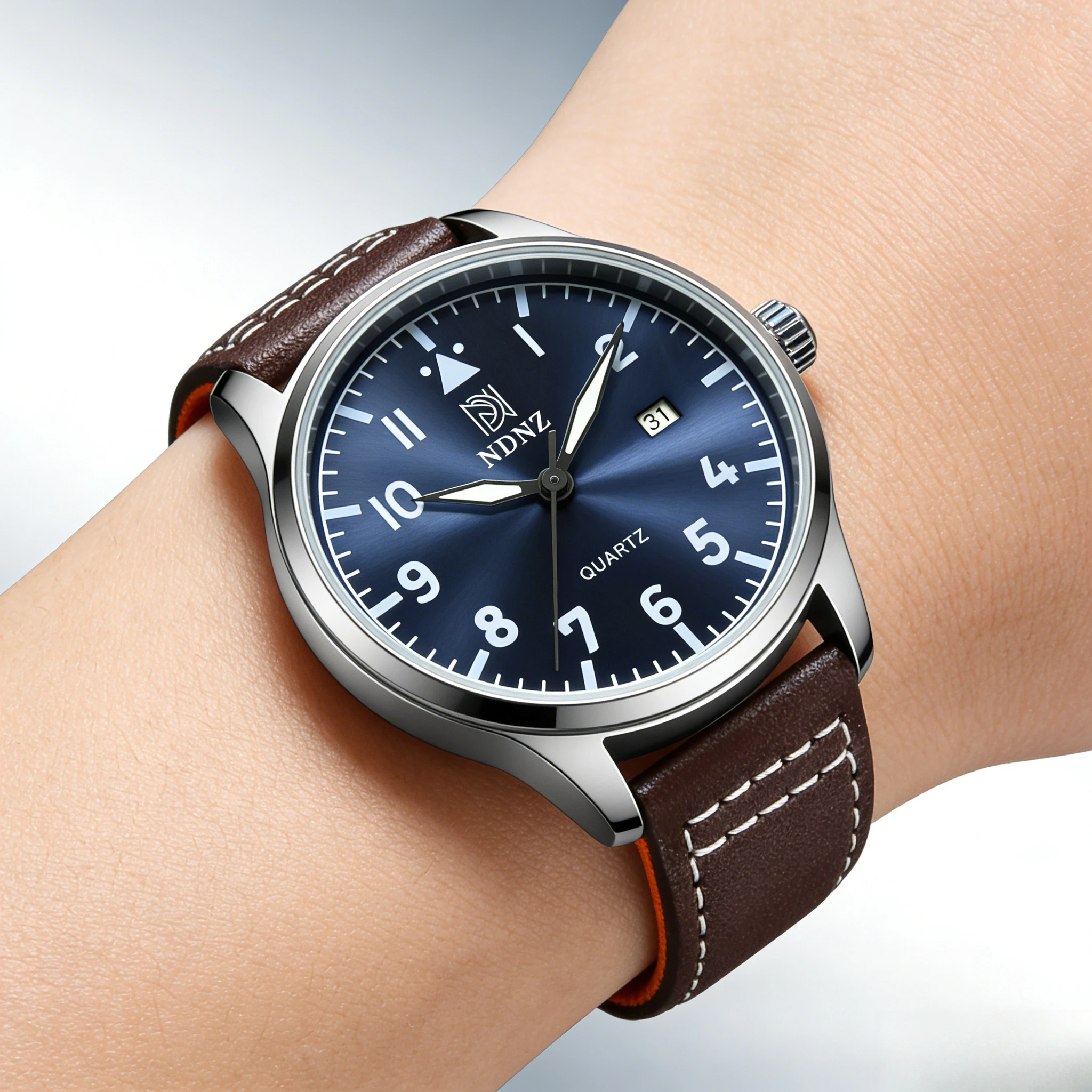 NDNZ Latest Pilot Quartz Watch Retro Casual Business Mens Watch Brown Leather Strap