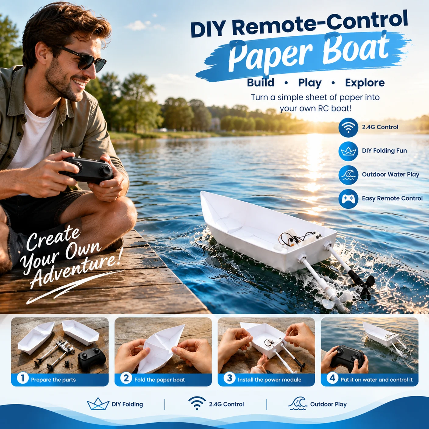 DIY 2.4G RC Paper Boat Science Kit Motor Propeller Hull Electric Boat Model for Adults Birthday Christmas Pool Bathtub Gifts