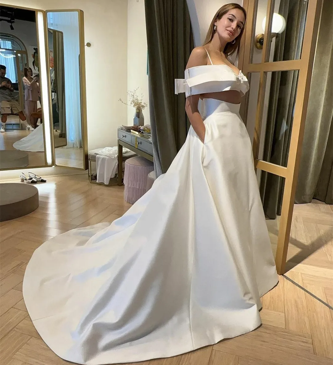 Vestido de novia largo de satén con hombros descubiertos para mujer, traje de novia con bolsillos, línea A, marfil, cola de barrido, cremallera trasera, Pocekts