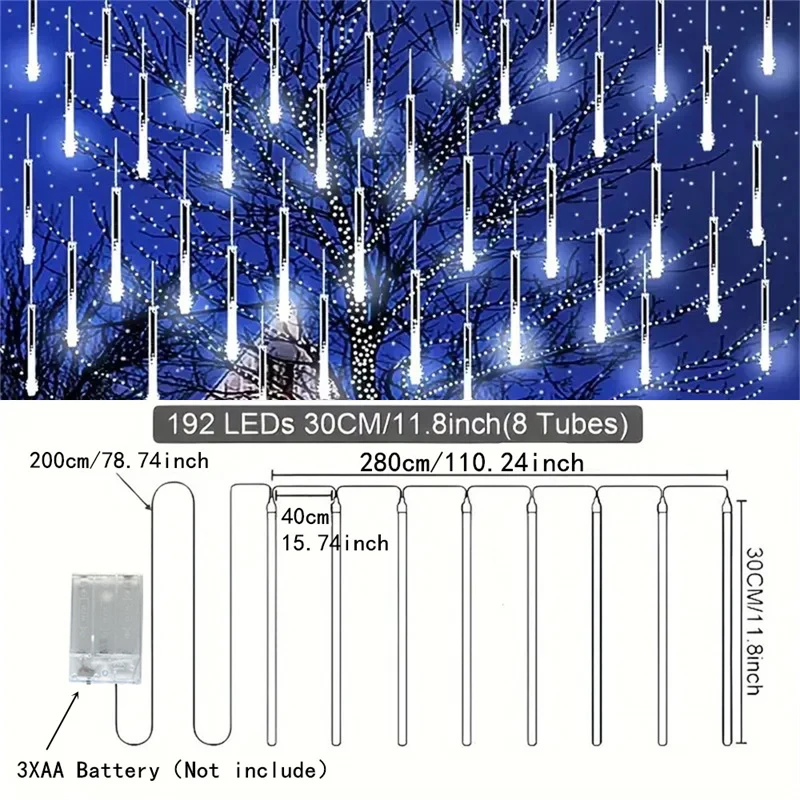 LED Meteor Shower String Lights AA Battery Powered Christmas Street Light Decor House Eave Indoor Wedding Scene Party Garden