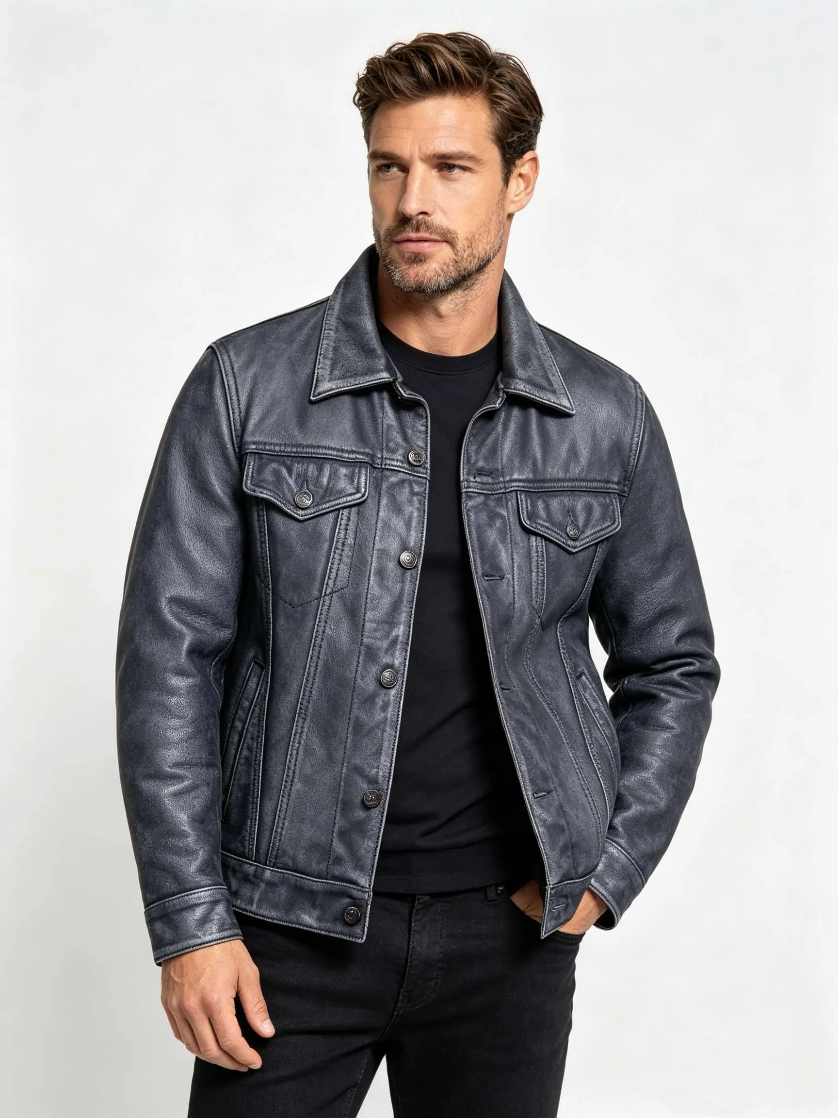 Men's Genuine Cowhide Leather Trucker Jacket Grey Distressed Stone Washed Type III Denim Style Snap Button Vintage Biker Coat