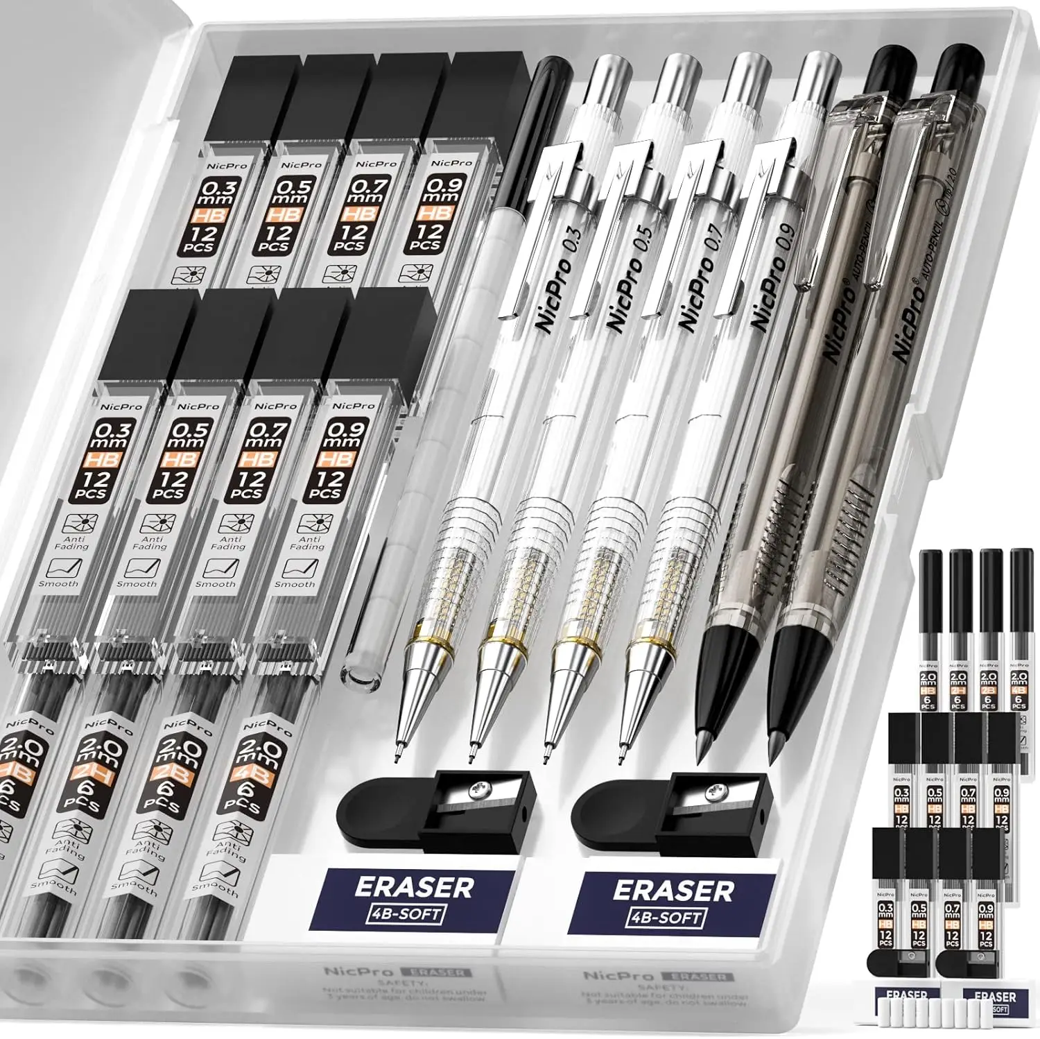 

6-Piece Artist Mechanical Pencil Set: 0.3-0.9mm & 2mm Lead Holders, 12 Refills, Erasers & Case for Drawing Sketching Writing