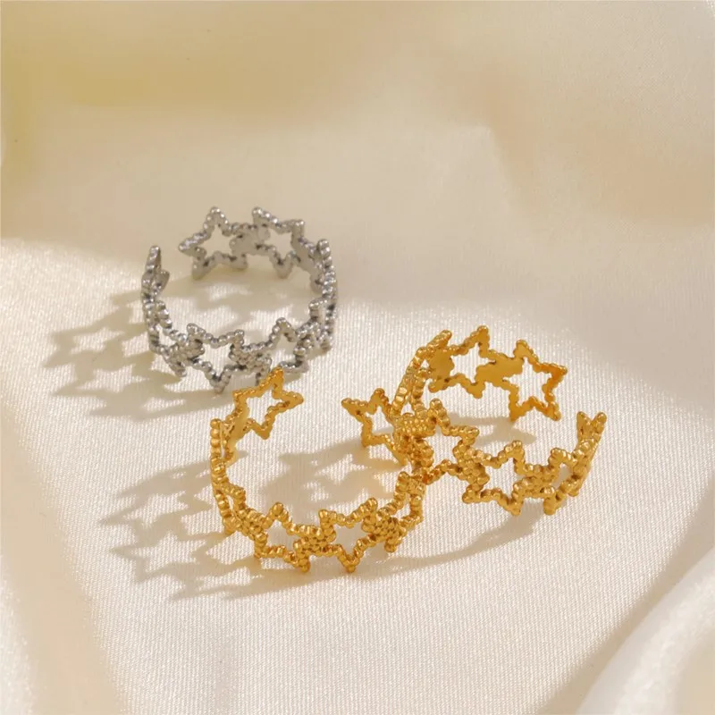 ANENJERY 316L Stainless Steel Splicing Hollow Star Open Ring for Women Fsahion Niche Ring Party Jewelry Wholesale