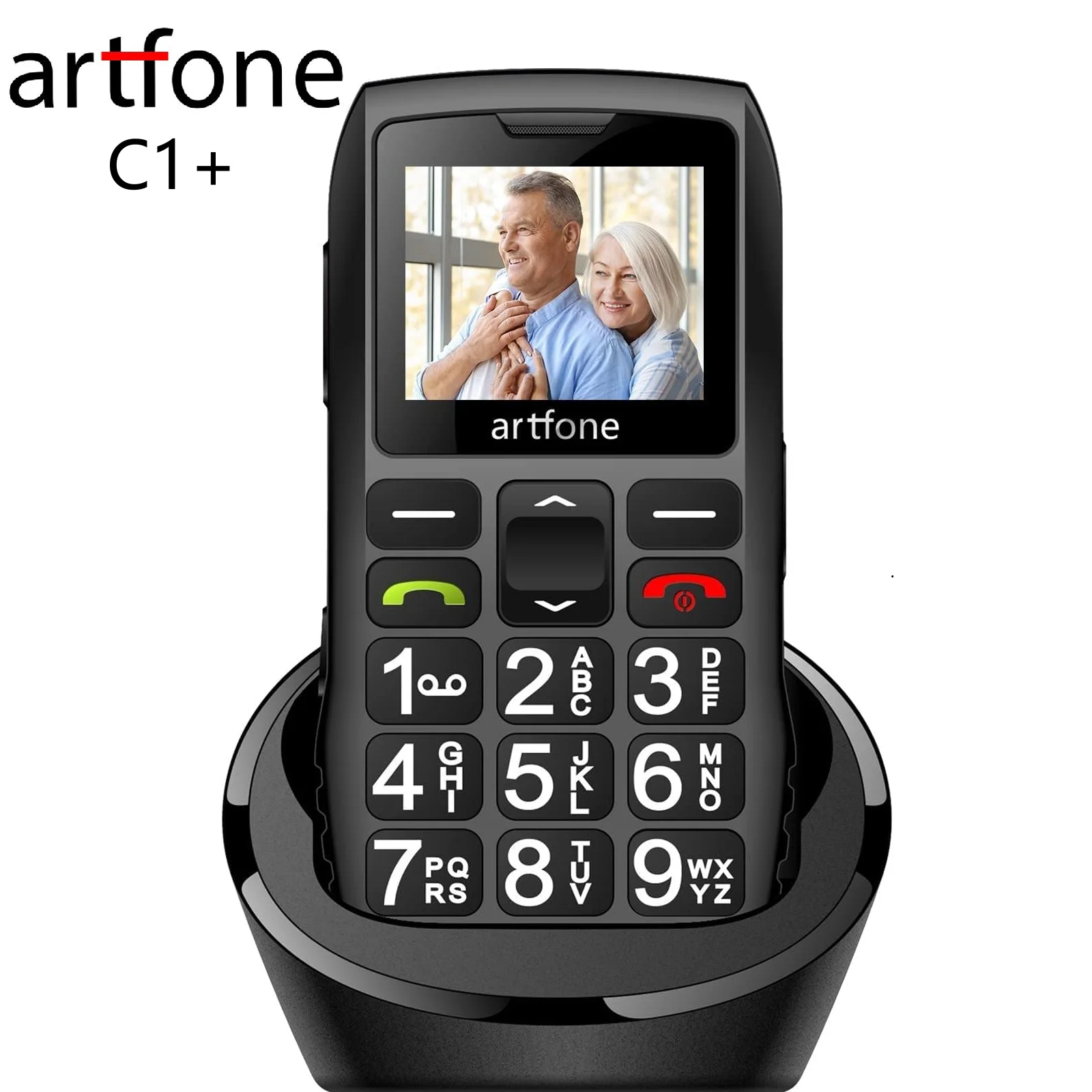 Artfone C1+، هاتف محمول 2G لكبار السن، هاتف أساسي، شريحة مزدوجة، زر SOS، خط كبير، قاعدة شحن، بطارية 1800 مللي أمبير في الساعة
