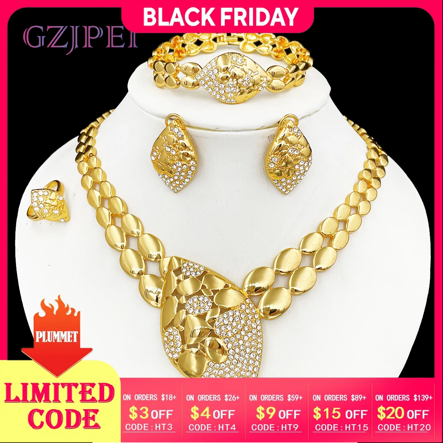 Conjuntos de joyas de calidad para mujer, diseño de lujo, collar de Color dorado, pendientes, anillo, pulsera, regalo de fiesta de boda