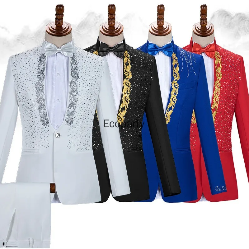 2 Piece Set Elegant Appliqued Mens Suits Sparkly Crystals Slim Formal Blazer Pants Set Male Wedding Groom Costume Homme Mariage