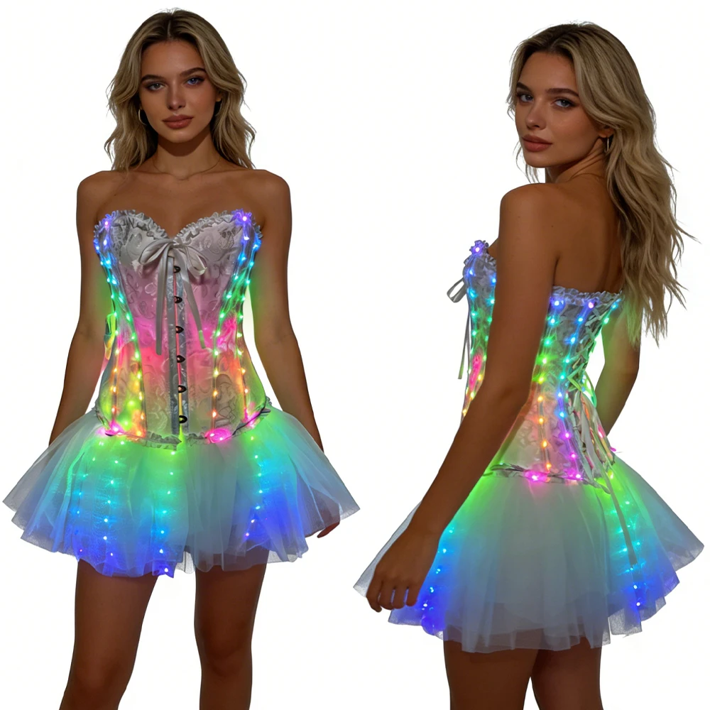 

White LED Color Changing Bustier Fairy Tutu Dress for EDM Festival Halloween Cosplay Women's Glowing Outfit