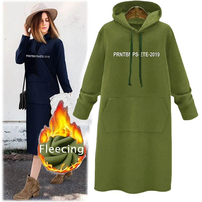 Fleece Hooded Shirt Zip-up Sweatshirt Letter Knee Length Dress Casual Woman Clothes Streetwear Winter Long Sleeve Sportwear Y2K