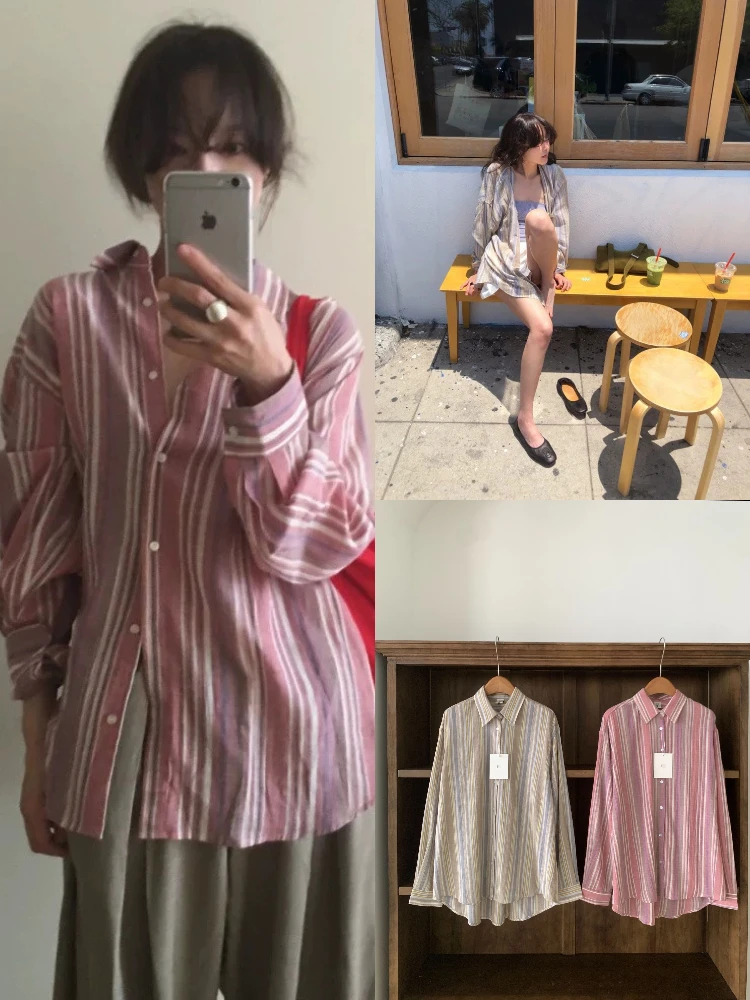 

Loose Casual Striped irt Women's Long Sve Dongda Gate Sle Vintage Hong Kong Flavor Cotton Classic Button down