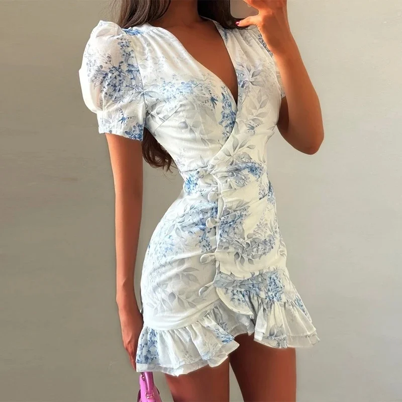 

Women Sexy Flora Painted Ruffle Slim Dress Chic Deep V-neck Double Layered Ruffled Hem Dresses 2026 Lady New Daily Party Gowns