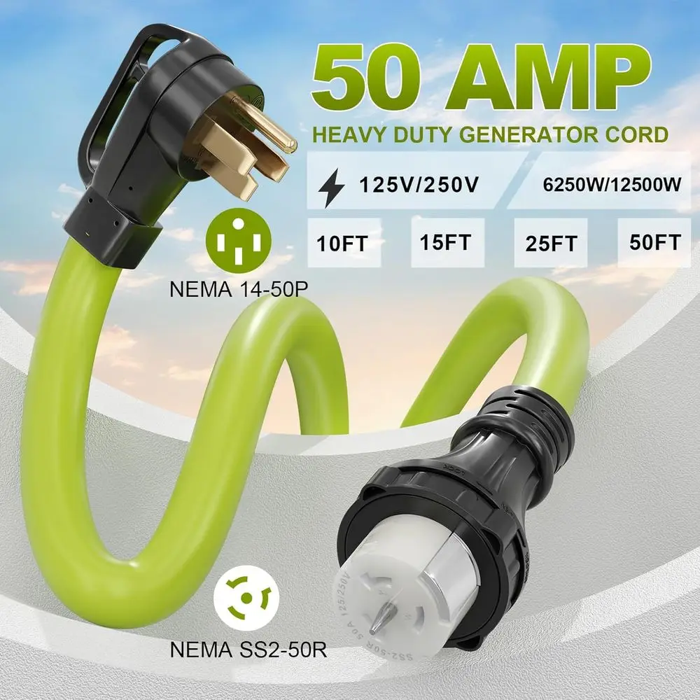 50 Amp Generator Cord, 50 eet 50A RV Extension Cord with Locking Contor NEMA 14-50P to SS2-50R Heavy Duty STW 6/3+8/1 AWG Gauge - view 2