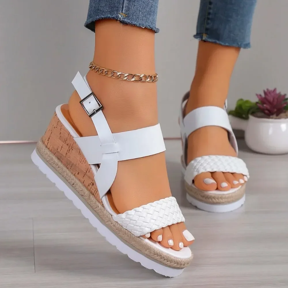 Women Wedge Sandals 2024 Summer New Bohemia Style High Heels Fashion Open Toe Rhinestones Elastic Strap Outdoor Dressy Sandals