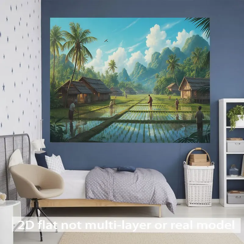 Tropical Village Scene Tapestry Asian Rice Paddy Wall Art Boho Jungle Jungle Decor Southeast Asia Thailand Vietnam Farm Life Eth