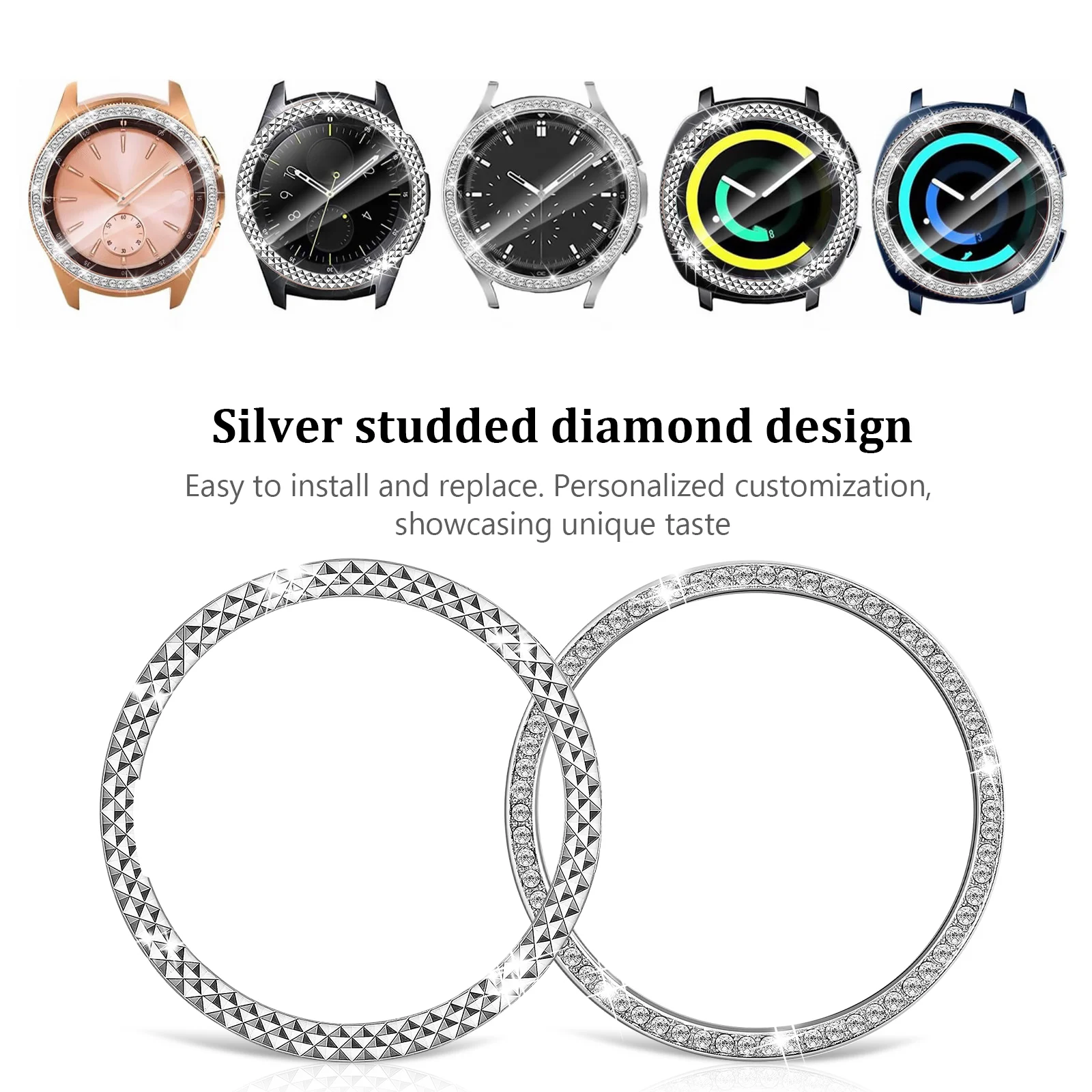 2 Pcs Bezel 42mm Silver with Diamonds Wrist Watch Stylish Metal Ring Cover Miss